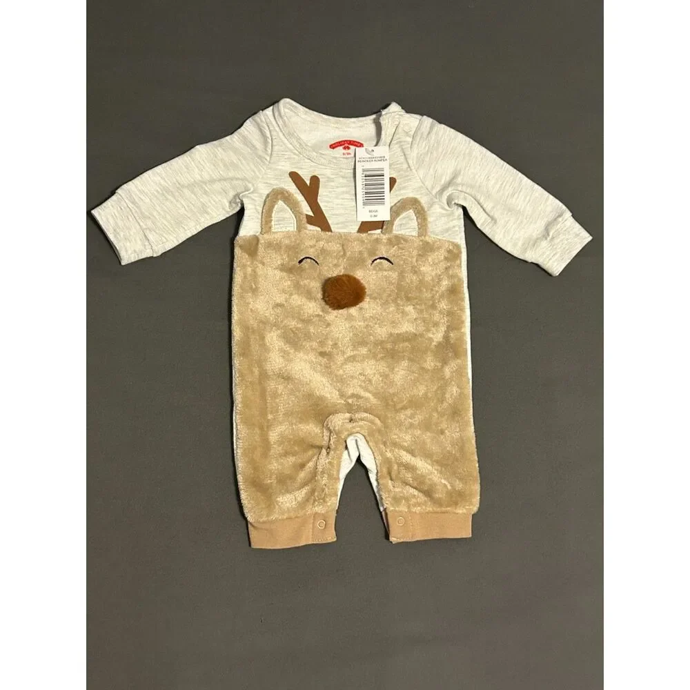 NWT Holiday Time Baby Reindeer Romper Beige 0-3M Christmas Onesie